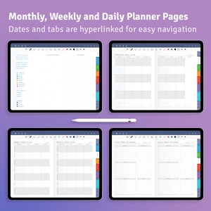 May include: Four digital tablet screens displaying different meal planner pages. The pages are labeled "Monthly Meal Plan", "Weekly Meal Plan", and "Daily Meal Planner".