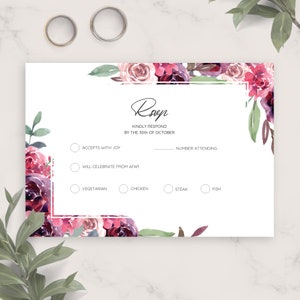 Modelo de cartão Rsvp de casamento floral da Borgonha, cartão postal Rsvp de casamento para impressão, cartão de resposta editável, responda gentilmente, PDF, JPG, PNG