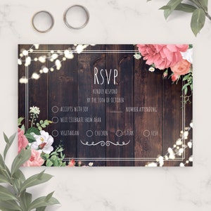 Cartão Rsvp de casamento rústico de madeira, modelo, cartão postal Rsvp de casamento para impressão, cartão de resposta editável, responda gentilmente, PDF, JPG, PNG