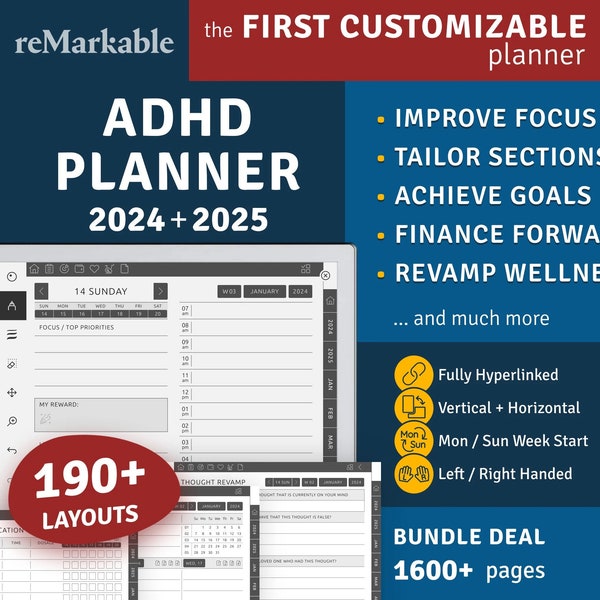 2024 + 2025 reMarkable 2 ADHD Planner, Hyperlinked Digital Planner Bundle, Digital Download PDF Template for reMarkable 2 & 1 tablet