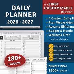 2026 + 2027 Daily Planner for reMarkable 2 / Paper Pro / 1 / Move, Customizable Hyperlinked PDF