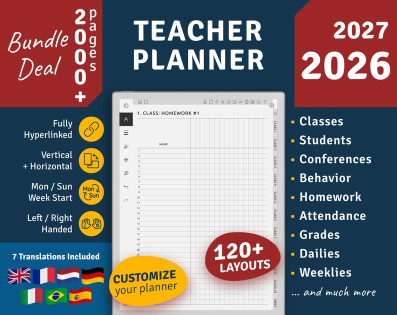 2026 + 2027 Teacher Planner for Remarkable 2: Hyperlinked Digital PDF ...