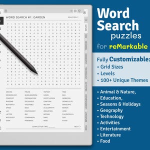 reMarkable 2, Paper Pro Word Search Book. Digital Puzzles, Customizable Grid Sizes, 100+ Unique Themes, Levels + Solutions, Hyperlinked PDF