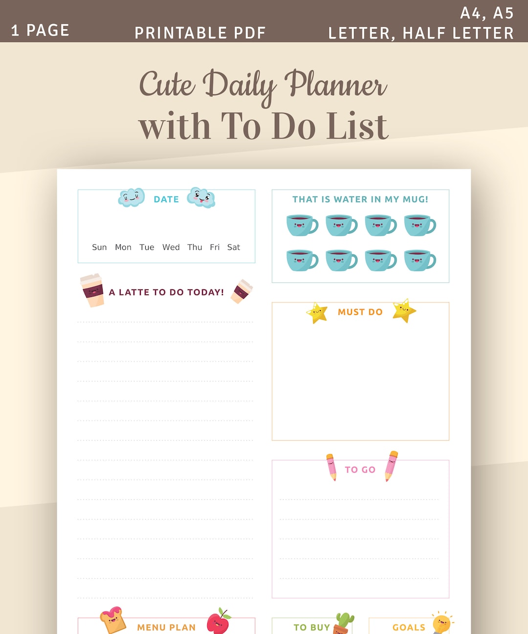 Cute Daily Planner With to Do List, Daily Agenda Template, Printable ...