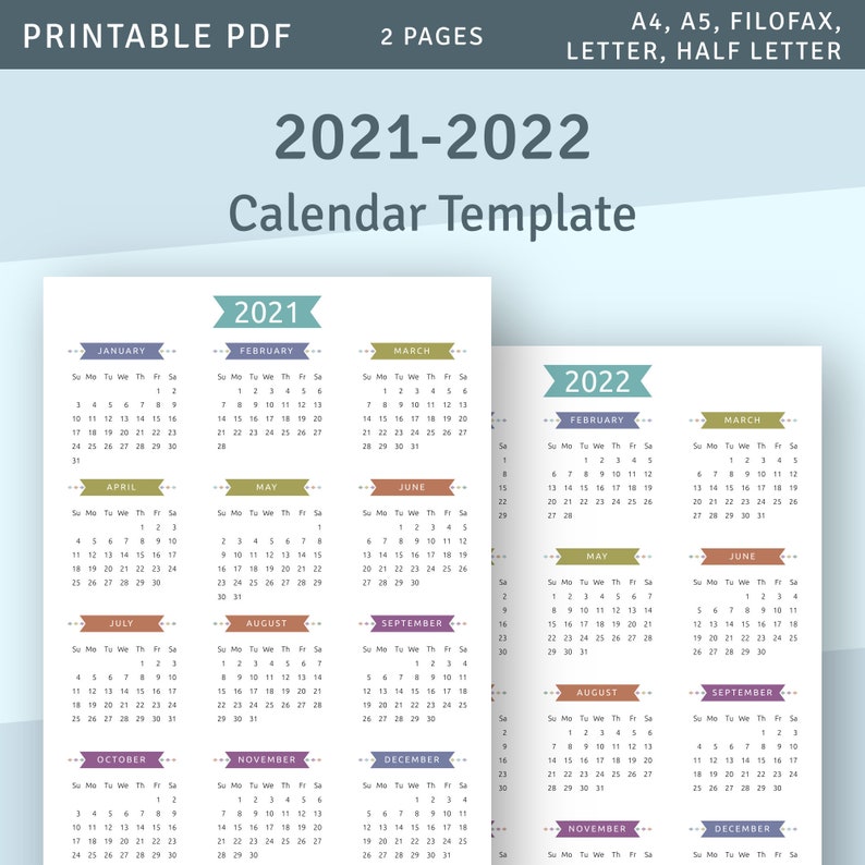 printable calendar 2021 2022 year at a glance yearly etsy