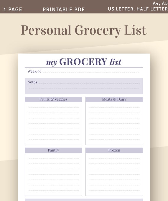 Personal Grocery List Template Printable Food Shopping List Etsy