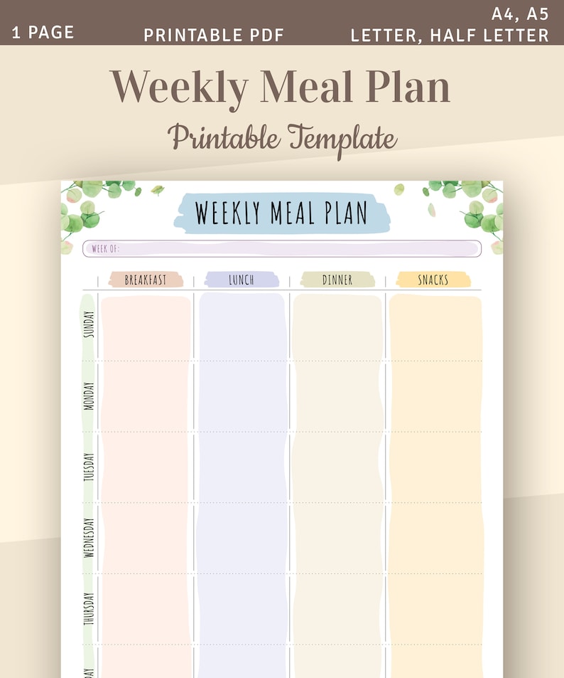 May include: A printable weekly meal plan template with the text "Weekly Meal Plan Printable Template". The template includes sections for breakfast, lunch, dinner, and snacks, with space for each day of the week. The design features pastel colors and decorative elements.