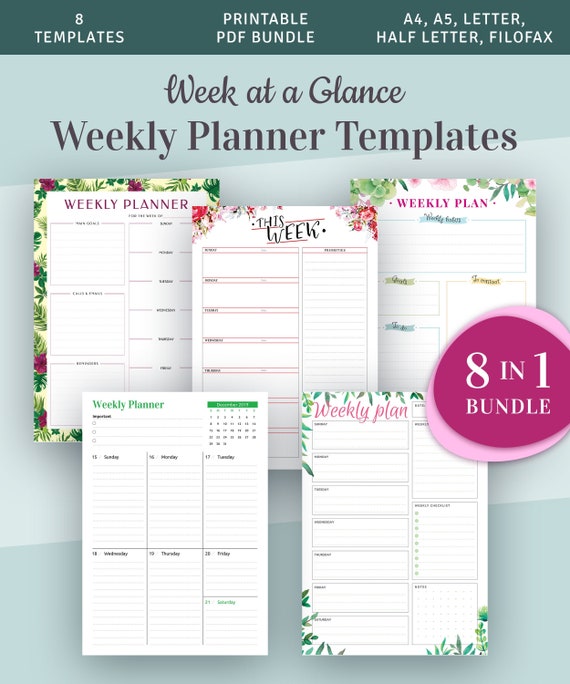 weekly planners kit printable week at a glance templates 8 in 1 bundle weekly schedule template a4 a5 letter half letter filofax pdf at a glance templates