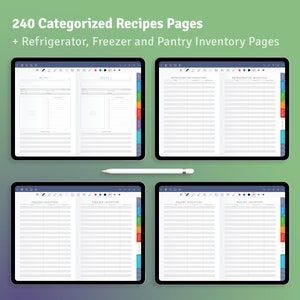 May include: Four digital pages on a tablet screen, showing a digital planner for recipes and inventory. The pages are labeled "Recipe 1", "Recipe 2", "Refrigerator Inventory", "Refrigerator Inventory", "Freezer Inventory", "Freezer Inventory", "Pantry Inventory", and "Pantry Inventory".