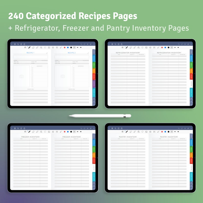 May include: Four digital pages on a tablet screen, showing a digital planner for recipes and inventory. The pages are labeled "Recipe 1", "Recipe 2", "Refrigerator Inventory", "Refrigerator Inventory", "Freezer Inventory", "Freezer Inventory", "Pantry Inventory", and "Pantry Inventory".
