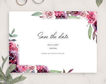 Burgundy Floral Wedding Save The Date Card (PDF, JPG, PNG)