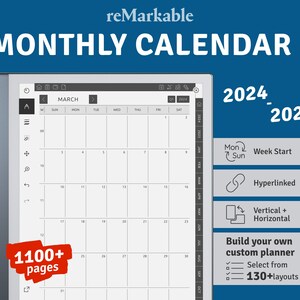 2024 2029 reMarkable Monthly Calendar Template, Hyperlinked PDF, Landscape / Portrait, Right / Left handed Modes image 1