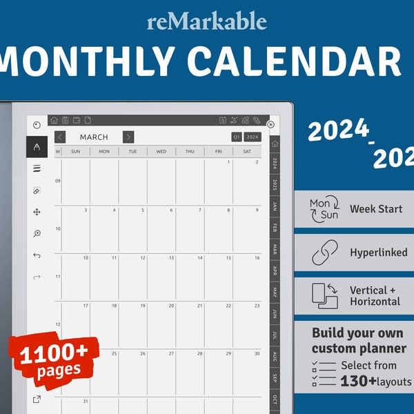 2024 - 2029 opmerkelijke maandelijkse kalendersjabloon, hyperlinked PDF, landschap / portret, rechts- / linkshandige modi