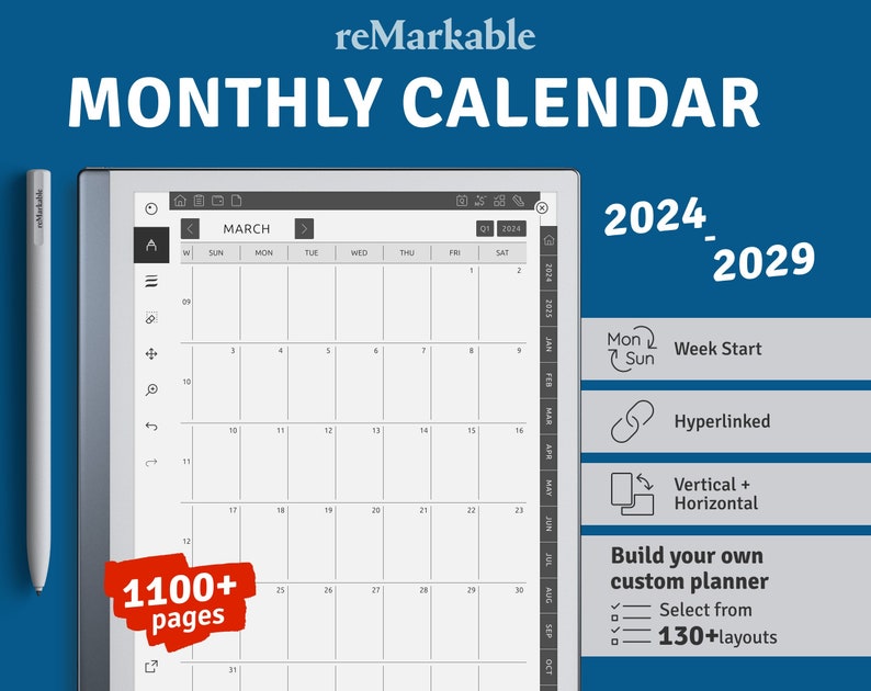 2024 2029 reMarkable Monthly Calendar Template, Hyperlinked PDF, Landscape / Portrait, Right / Left handed Modes image 1