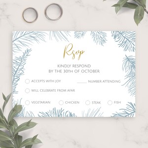 Modelo de cartão Rsvp de casamento de inverno de ramo de abeto, cartão postal Rsvp de casamento para impressão, cartão de resposta editável, responda gentilmente, PDF, JPG, PNG