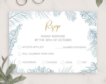Fir Branch Winter Wedding Rsvp Card Template, Printable Wedding Rsvp Postcard, Editable Response Card, Kindly Reply, PDF, JPG, PNG