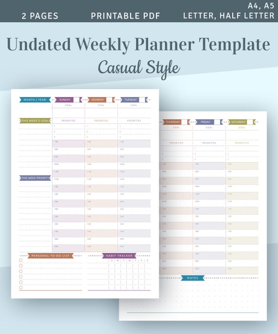 Undated Weekly Planner 21 Printable Weekly Agenda Template Etsy