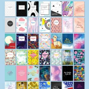 May include: A collage of 40+ colorful and patterned book covers with the text "Choose from 40+ Covers". The covers feature a variety of designs, including geometric patterns, abstract art, floral designs, and animal illustrations.
