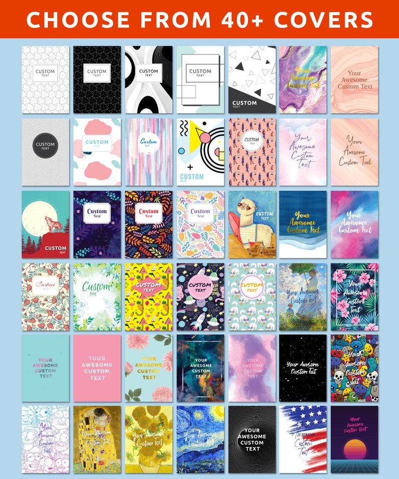 May include: A collage of 40+ colorful and patterned book covers with the text "Choose from 40+ Covers". The covers feature a variety of designs, including geometric patterns, abstract art, floral designs, and animal illustrations.