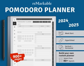 reMarkable Pomodoro Planner, Digital Productivity Planner, Pomodoro Technique Time Management Template, Hyperlinked PDF