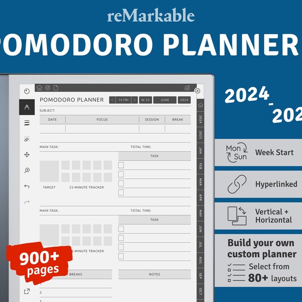 reMarkable Pomodoro Planner, Pianificatore di produttività digitale, Modello di gestione del tempo della tecnica del Pomodoro, PDF con collegamento ipertestuale