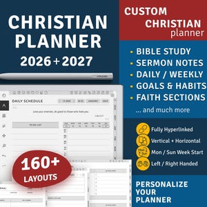 May include: A digital Christian planner for 2026 and 2027 featuring a stylus and tablet display. The interface shows a daily schedule, to-do list, and Bible study journal layouts. Text includes Bible study, sermon notes, goals, and 160+ layouts.
