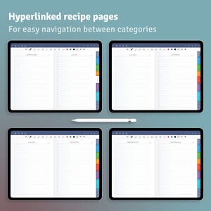 May include: Four digital tablet screens showing a recipe organizer with hyperlinked pages for different categories of recipes, including appetizers, soups, salads, entrees, sauces, desserts, breakfasts, and beverages.