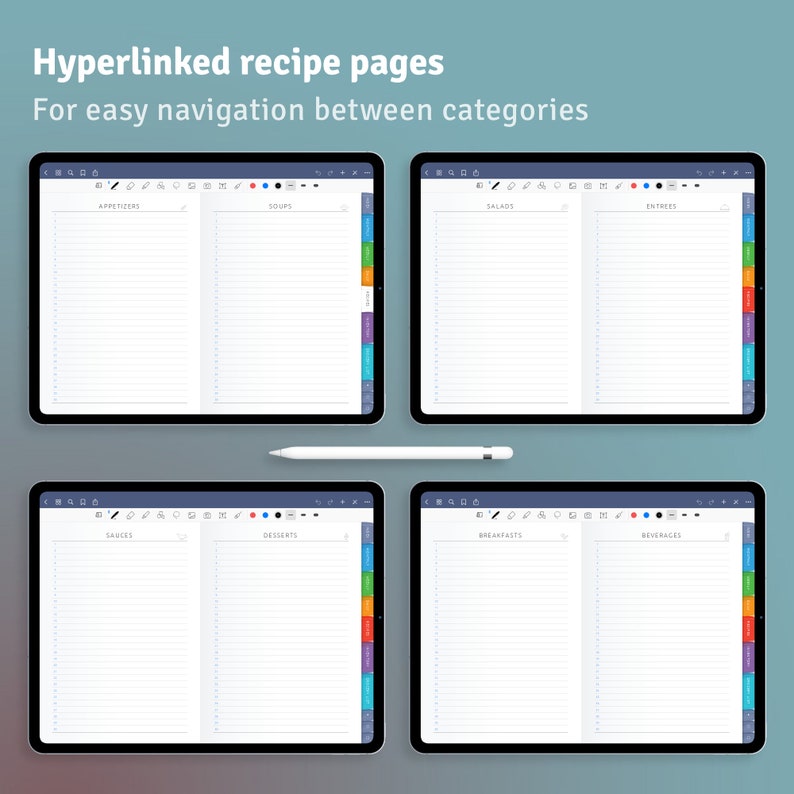 May include: Four digital tablet screens showing a recipe organizer with hyperlinked pages for different categories of recipes, including appetizers, soups, salads, entrees, sauces, desserts, breakfasts, and beverages.