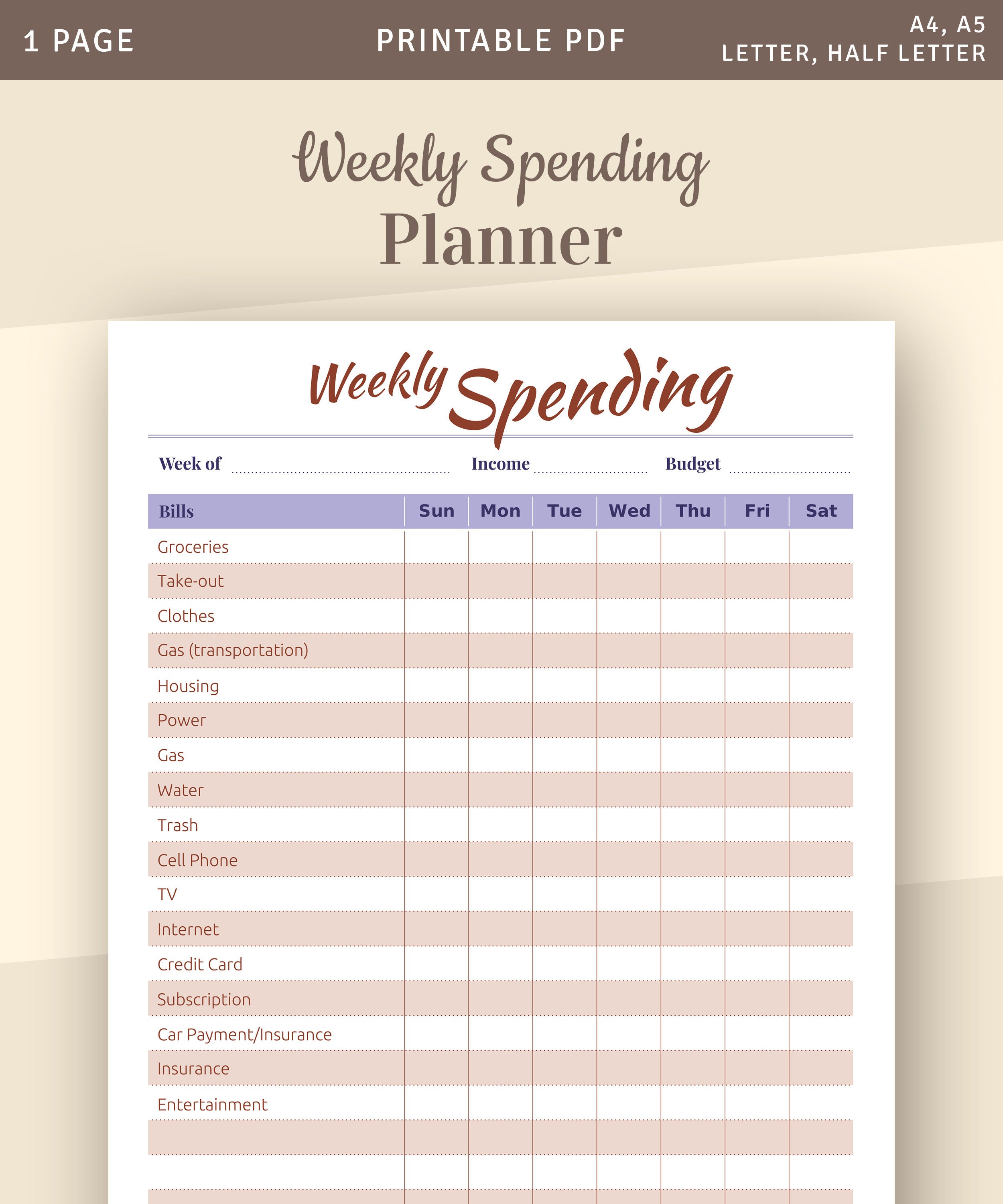 Weekly Spending Template Personal Budget Planner Weekly Etsy Weekly Spending Template Personal Budget Planner Weekly Etsy