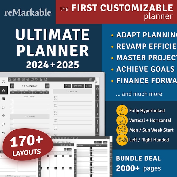 2024 + 2025 reMarkable 2 Ultimate Planner, Hyperlinked Digital Planner Bundle, Modèle PDF de téléchargement numérique pour tablette reMarkable