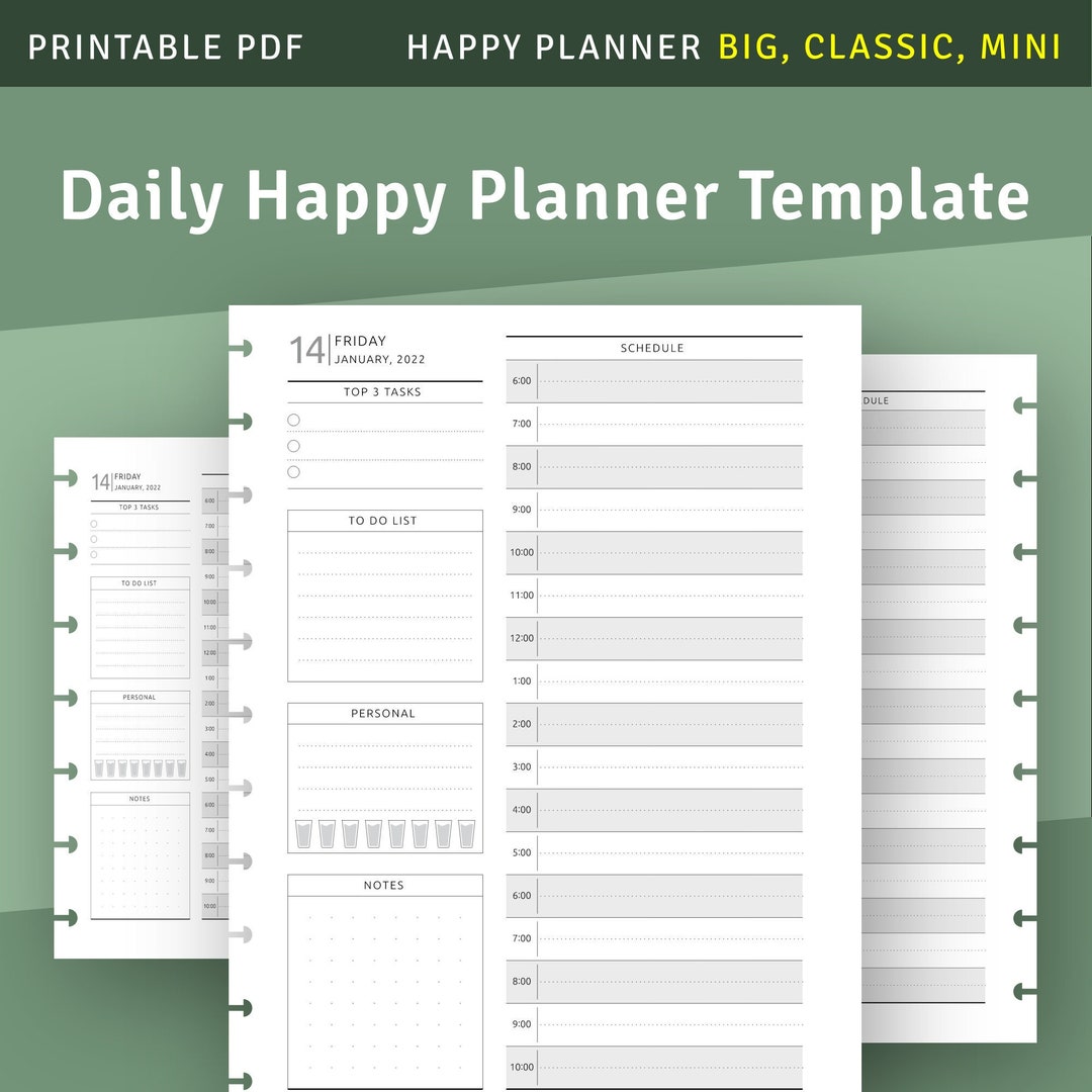 Dated Daily Happy Planner Printable Insert, Day at a Glance Template ...