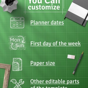 May include: A green grid background with white text that says "You Can customize" and lists the following: "Planner dates", "First day of the week", "Paper size", and "Other editable parts of the template".  There are icons next to each item, including a calendar, a circular arrow, a stack of paper, and a wrench and paintbrush.