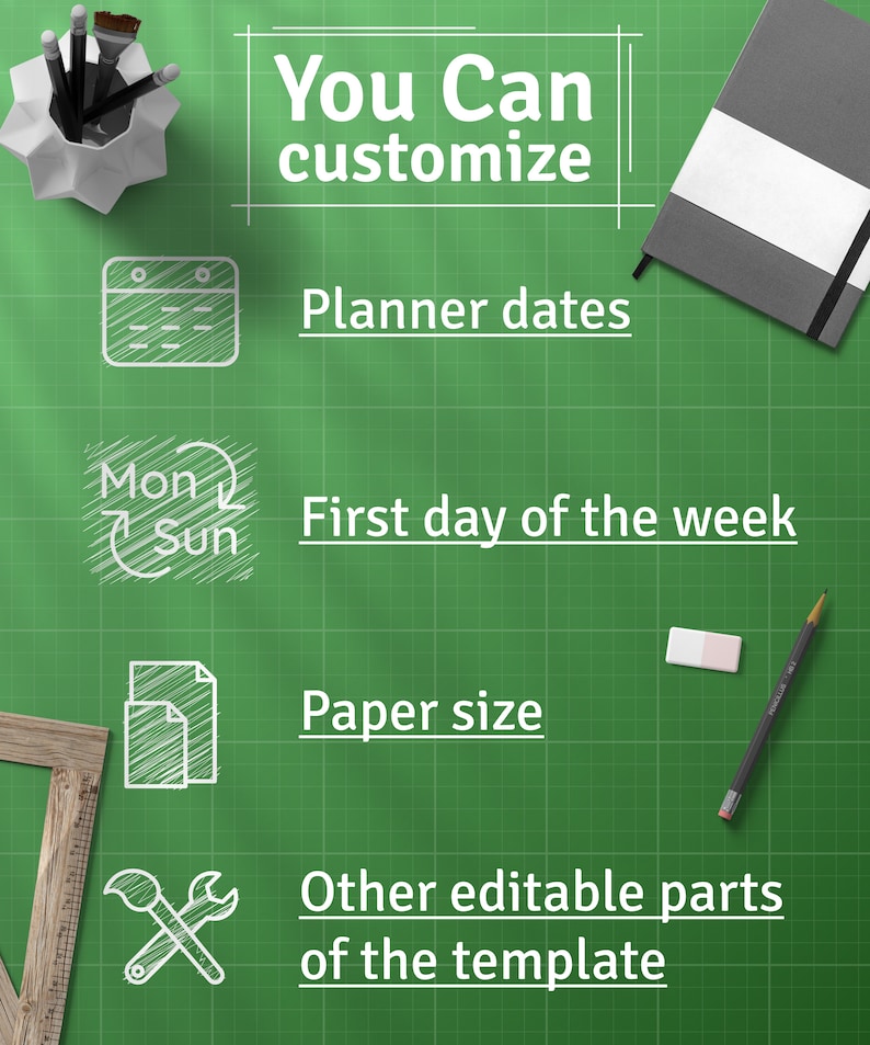 May include: A green grid background with white text that says "You Can customize" and lists the following: "Planner dates", "First day of the week", "Paper size", and "Other editable parts of the template".  There are icons next to each item, including a calendar, a circular arrow, a stack of paper, and a wrench and paintbrush.