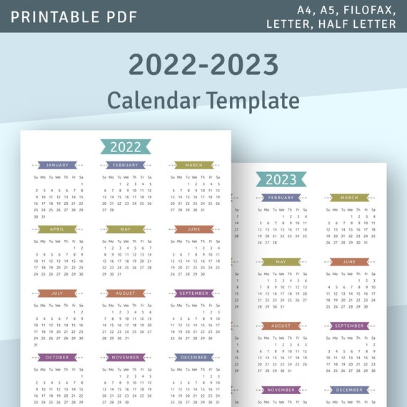 printable calendar 2022 2023 year at a glance yearly etsy canada