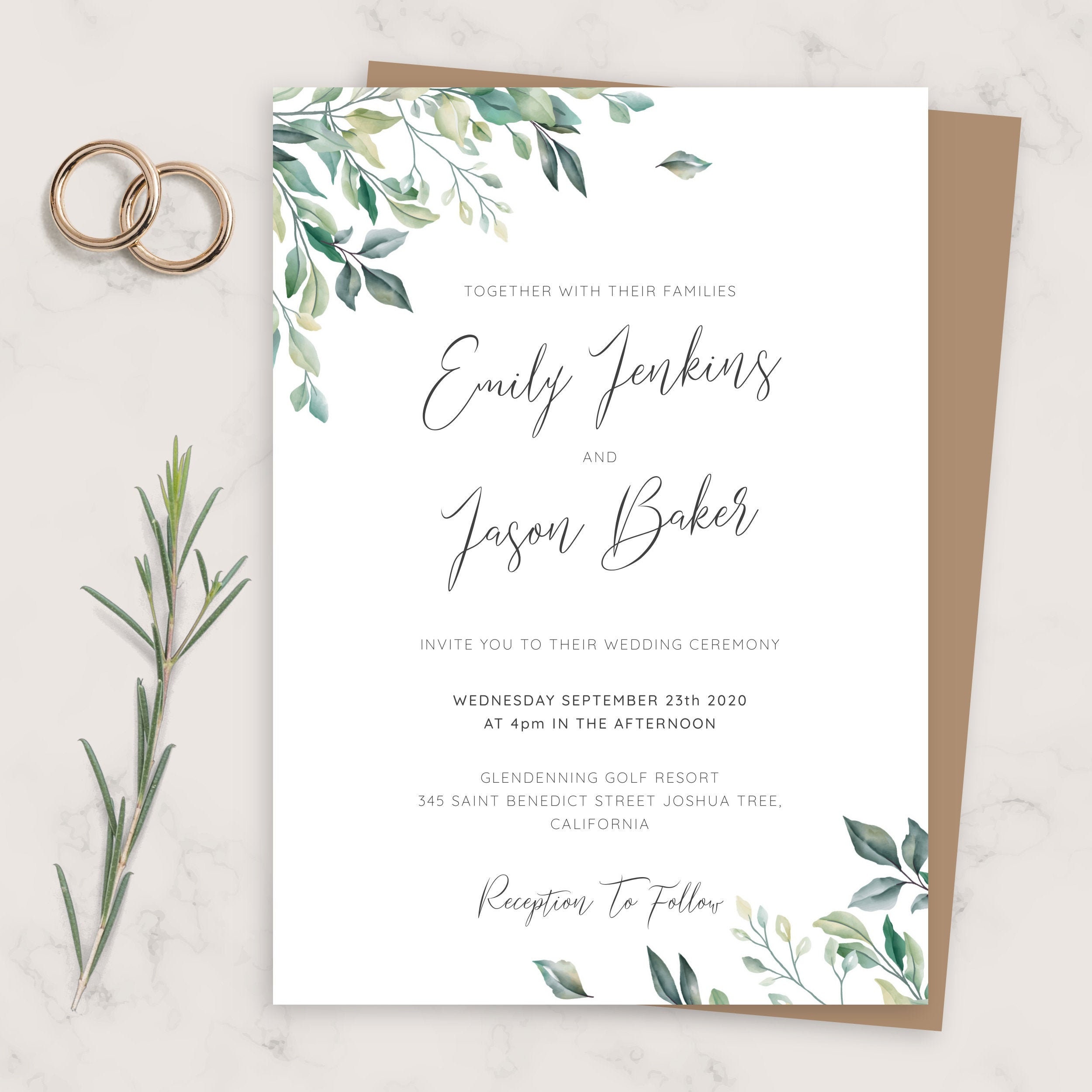 Wedding Invitation Green Leaf Sample