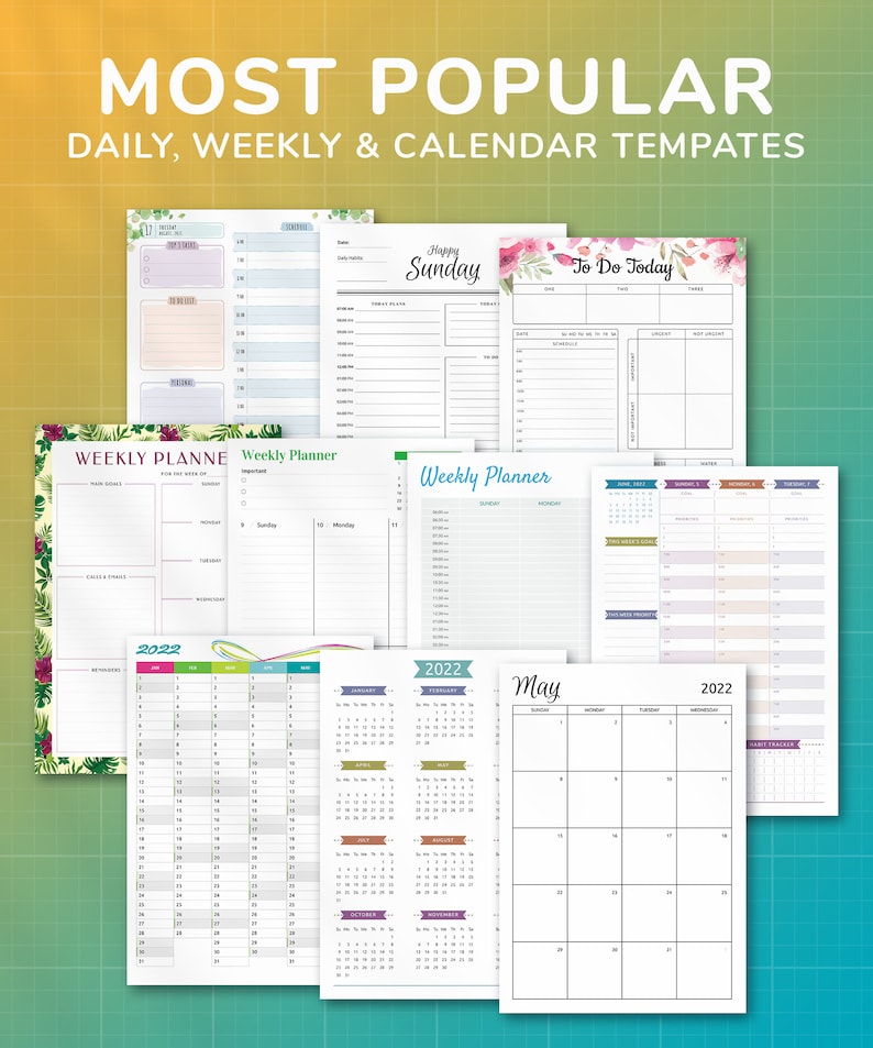May include: A collection of printable planner templates for daily, weekly, and monthly scheduling. The templates feature a variety of designs, including floral patterns, and are perfect for organizing your time and tasks.