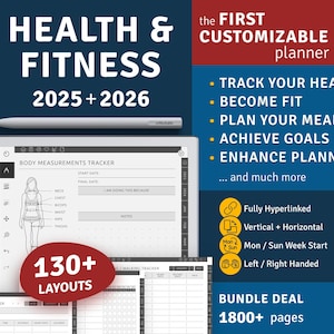Gezondheids- en fitnessplanner voor reMarkable 2/1 / Paper Pro, trainingslogboek 2025 2026, maaltijdplan, gewoontetracker, welzijnstabel, pdf met hyperlink