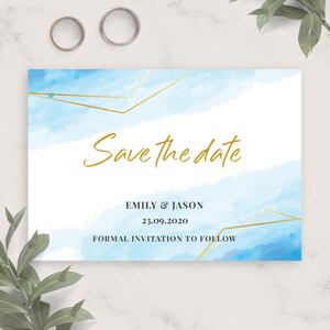 Tarjeta de invitación de boda con cielo azul y cielo invernal (PDF, JPG, PNG)