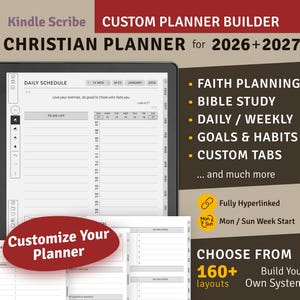 May include: A Kindle Scribe digital planner titled Custom Planner Builder Christian Planner for 2026+2027. The screen displays a daily schedule with a to-do list and Bible verse. Features include faith planning, Bible study, and 160+ layouts.