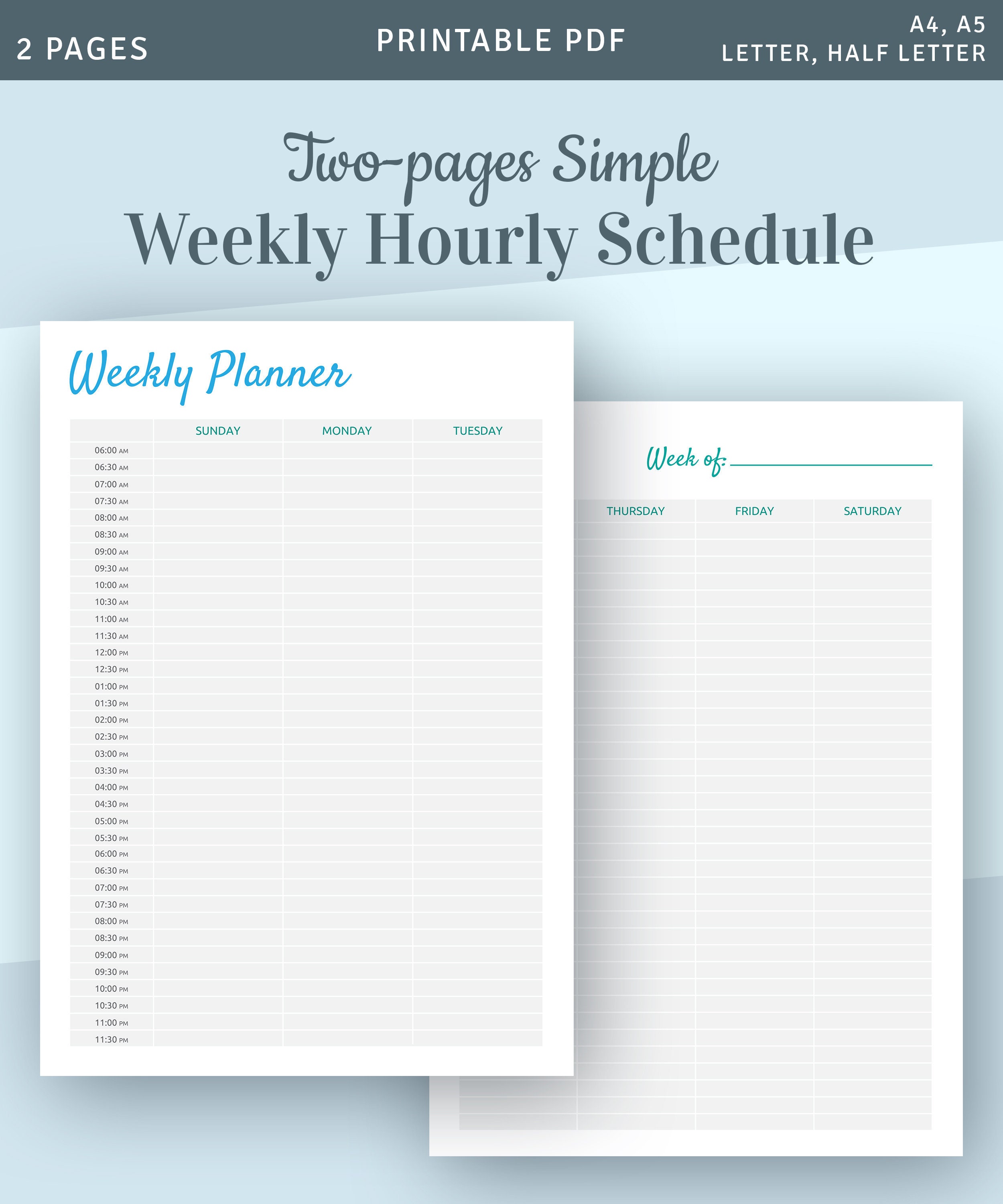 Weekly Hourly Schedule Template Hour by Hour Planner Etsy