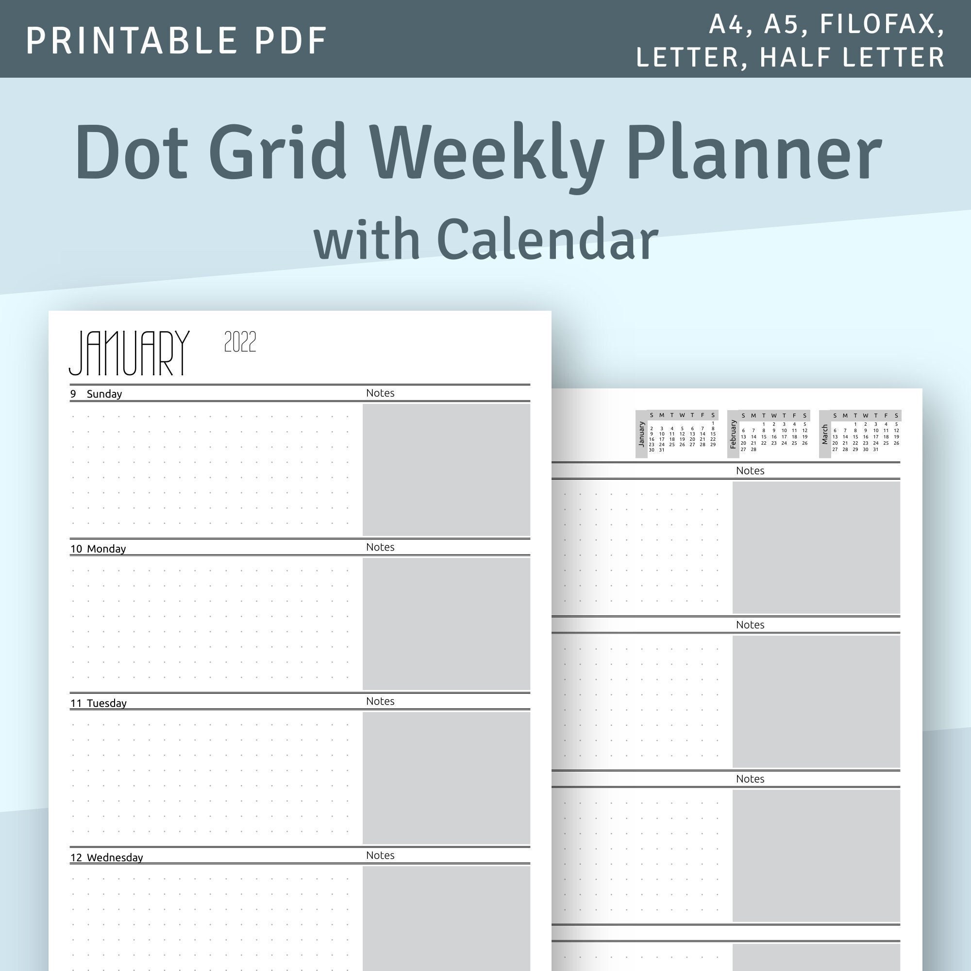 dotted weekly planner with calendar 2022 weekly planner etsy