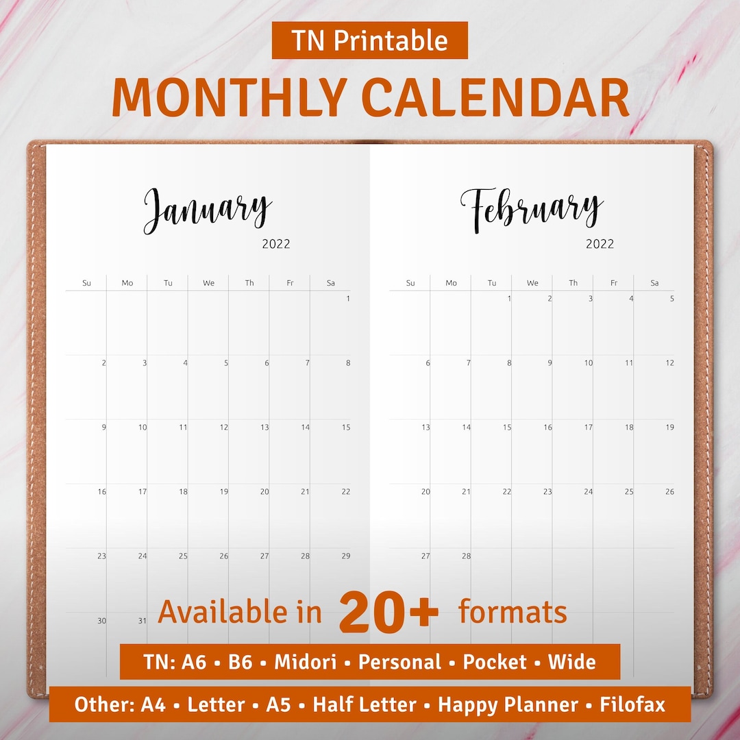 TN Printable Monthly Planner Insert, Minimalist Monthly Calendar ...