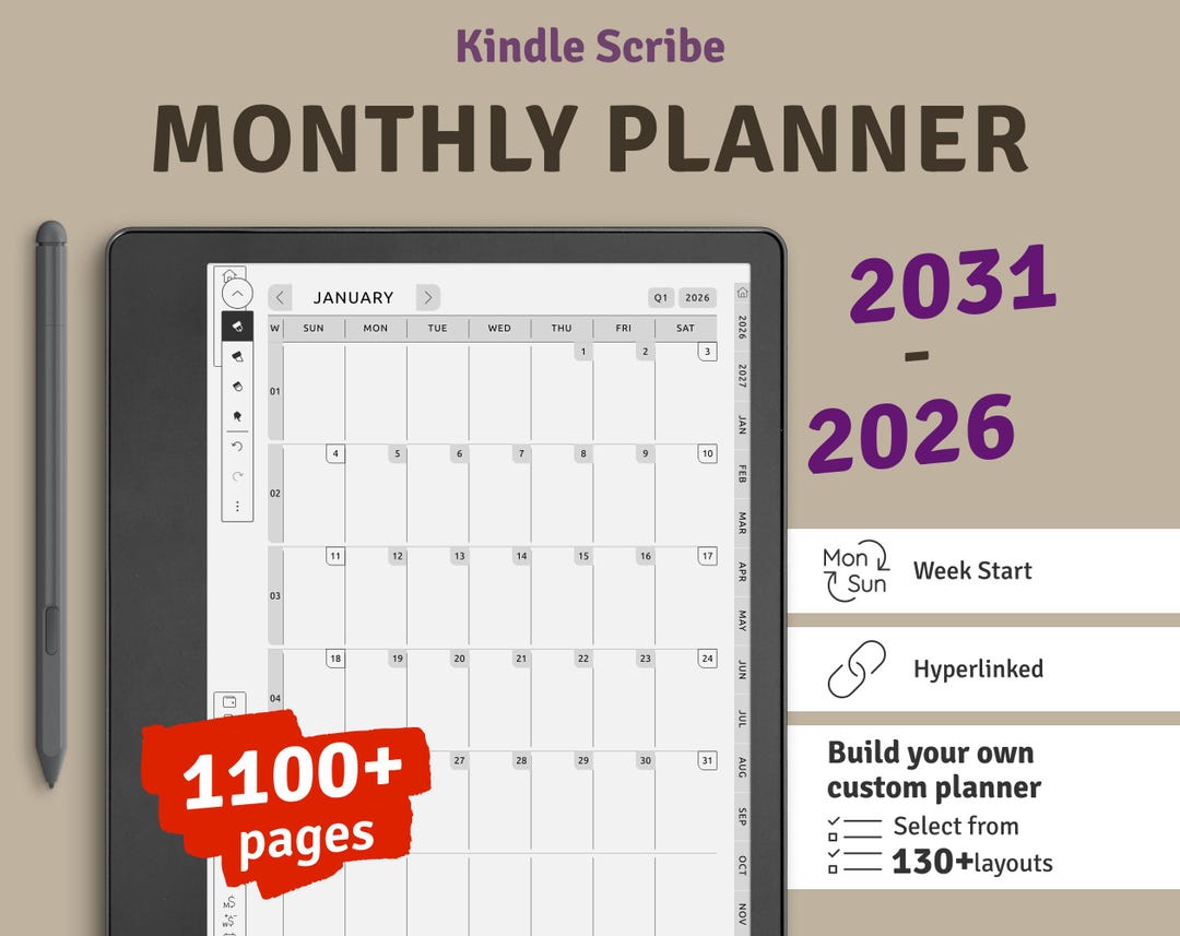 Kindle Scribe Monthly Planner 2026-2031: Hyperlinked Digital Download ...