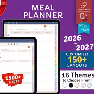 Peut inclure: Planificateur de repas numérique affiché sur deux tablettes. Il comprend des sections pour les menus hebdomadaires et les listes de courses. Le texte de l'image comprend "Meal Planner", "2026 + 2027", "Personnaliser! 150+ mises en page", et "16 Thèmes au choix!"