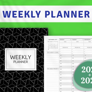 May include: A black and white weekly planner with a geometric pattern on the cover. The planner includes a calendar for September 2019, a section for goals and priorities, and a daily schedule. The planner is for the years 2021 and 2022.