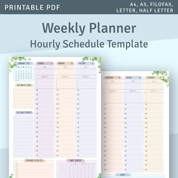 Dated Weekly Planner 2024 2025, Printable Weekly Agenda Template, Week on  Two Pages Inserts, A4, A5, Letter, Half Letter, Instant Download 