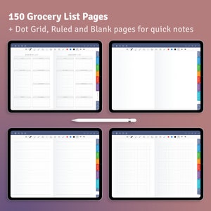 May include: Four digital tablet screens showing different page layouts for a digital planner. The screens show a grocery list page, a blank page, a ruled page, and a dot grid page. The screens are all on a pink background.