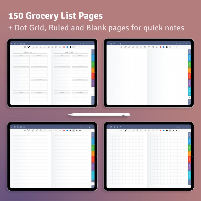 May include: Four digital tablet screens showing different page layouts for a digital planner. The screens show a grocery list page, a blank page, a ruled page, and a dot grid page. The screens are all on a pink background.