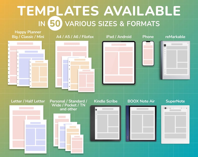 May include: A graphic showing 50 different digital planner templates available in various sizes and formats for popular devices like iPad, Android, Kindle Scribe, and more. The graphic includes the text "TEMPLATES AVAILABLE IN 50 VARIOUS SIZES & FORMATS".