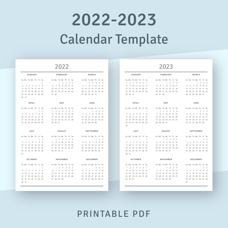 Printable Calendar 2022 2023 Year at A Glance Calendar - Etsy